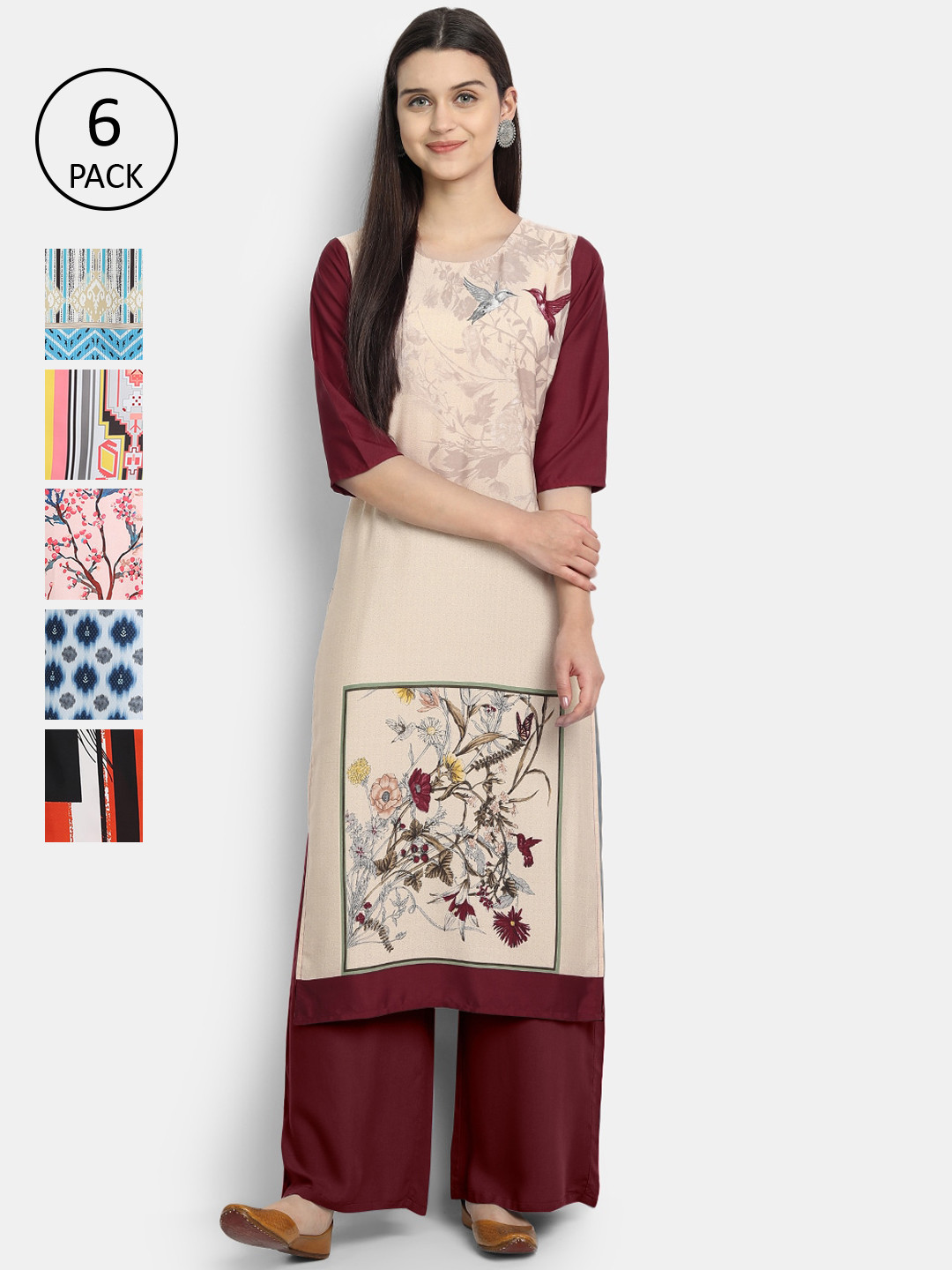

Ethnic basket Women Pack Of 6 Floral Printed Crepe Kurta, Orange