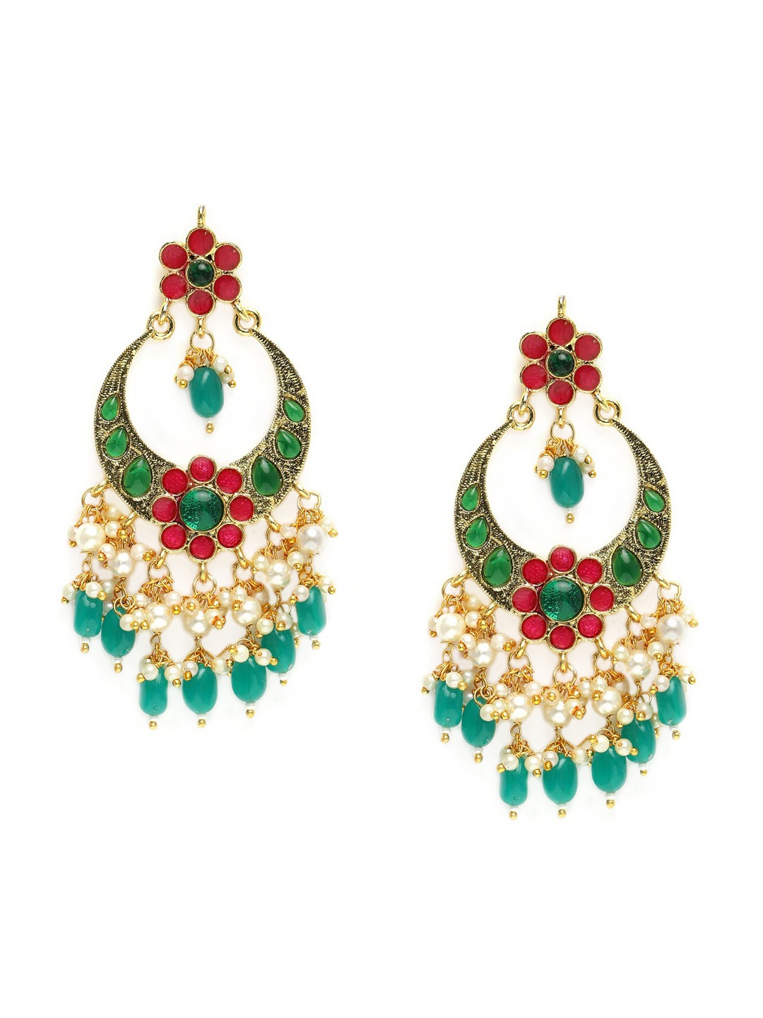 

Zaveri Pearls Green & Red Gold-Plated Kundan Studded & Beaded Chandbalis