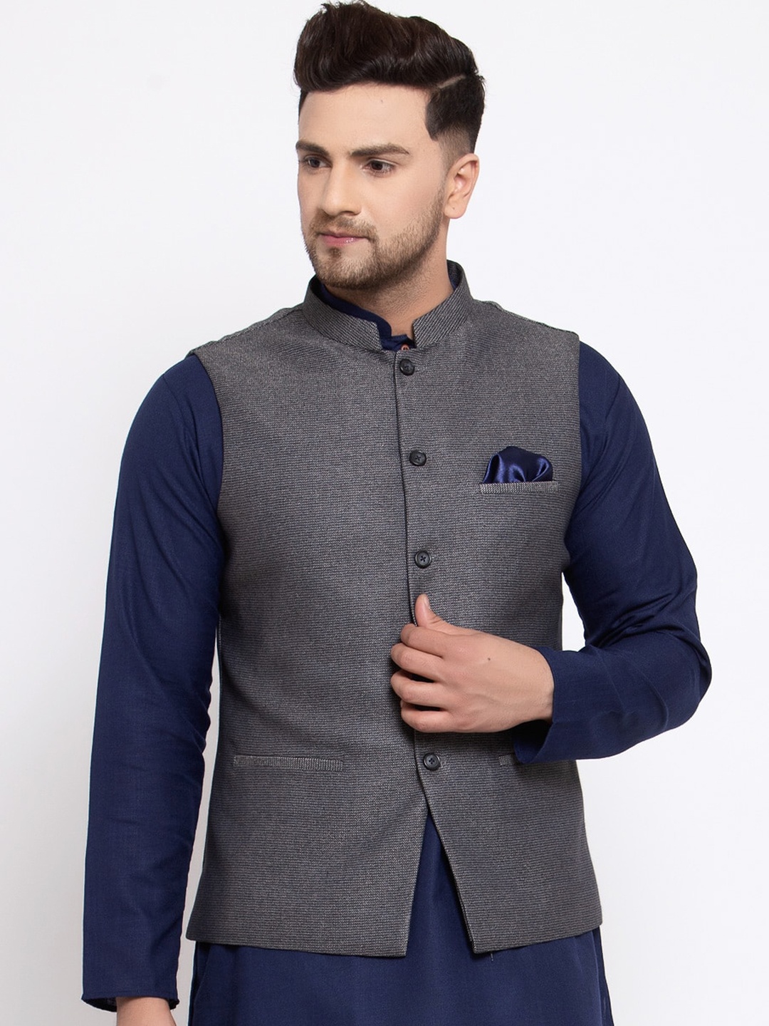 

MAXENCE Men Grey Woven Design Slim-Fit Cotton Nehru Jacket