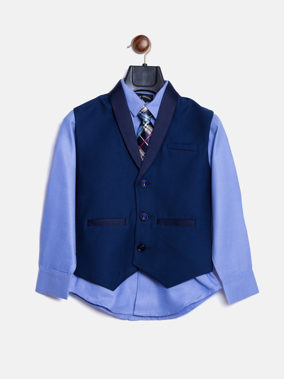 

Blue Giraffe Boys Blue Solid Shirt With Waistcoat and Tie