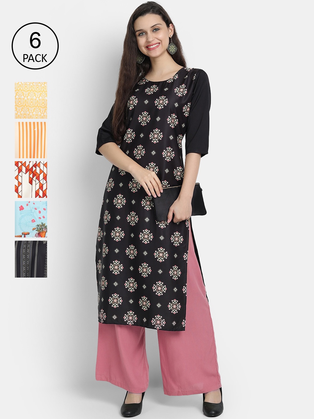 

Ethnic basket Women Pack Of 6 Printed Crepe Kurta, Black