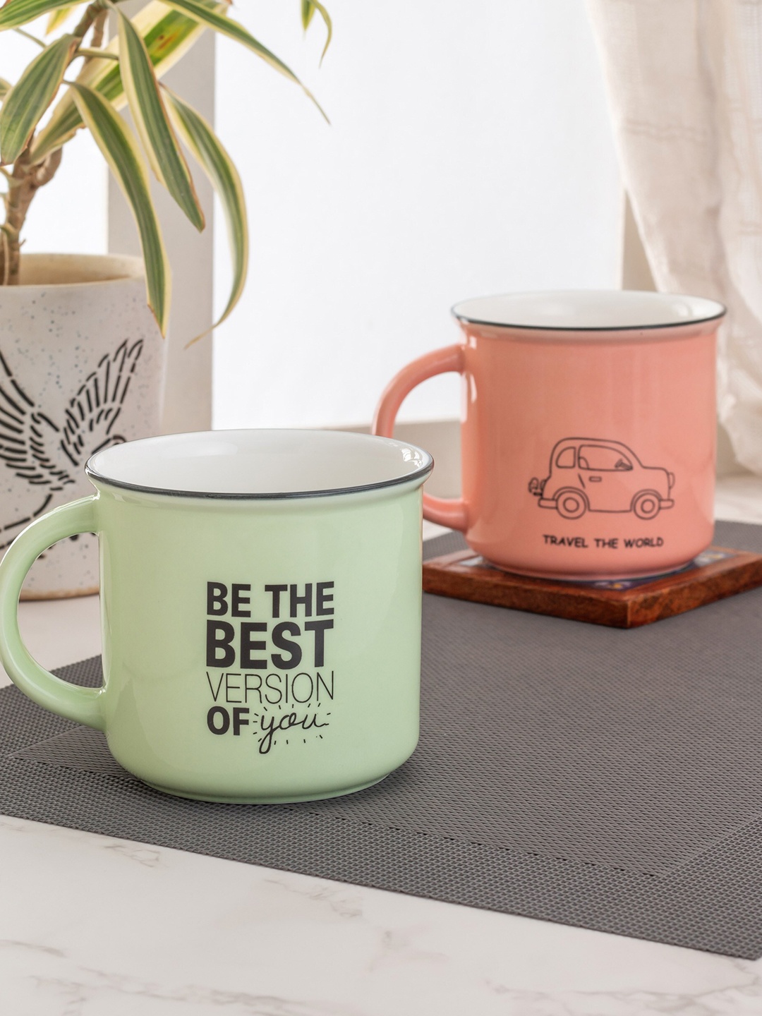 

JCPL Set of 2 Peach-Coloured & GreenPrinted Ceramic Mugs