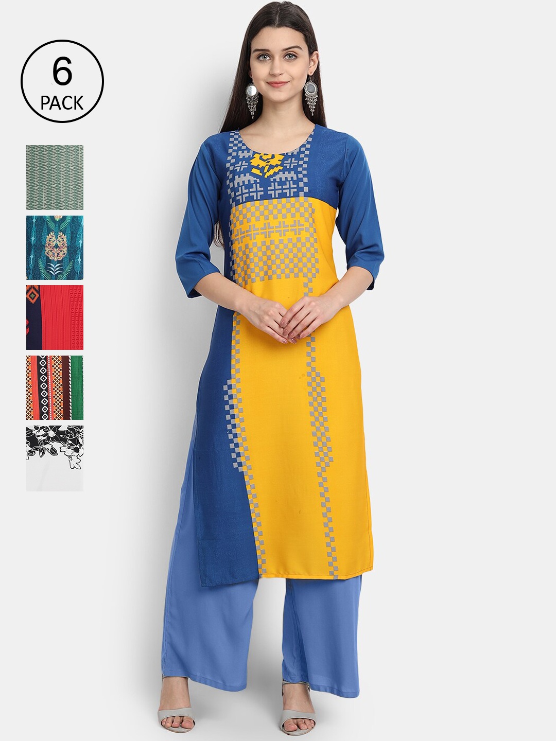 

Ethnic basket Pack of 6 Women Multicoloured Ethnic Motifs Printed Crepe Kurta, Multi