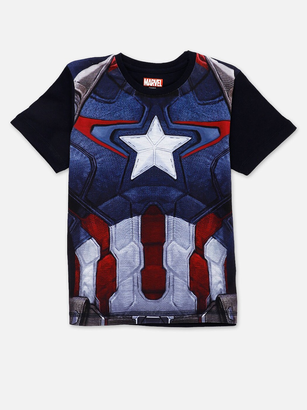 

Kids Ville Boys Navy Blue & Red Captain America Printed Round Neck Cotton T-shirt