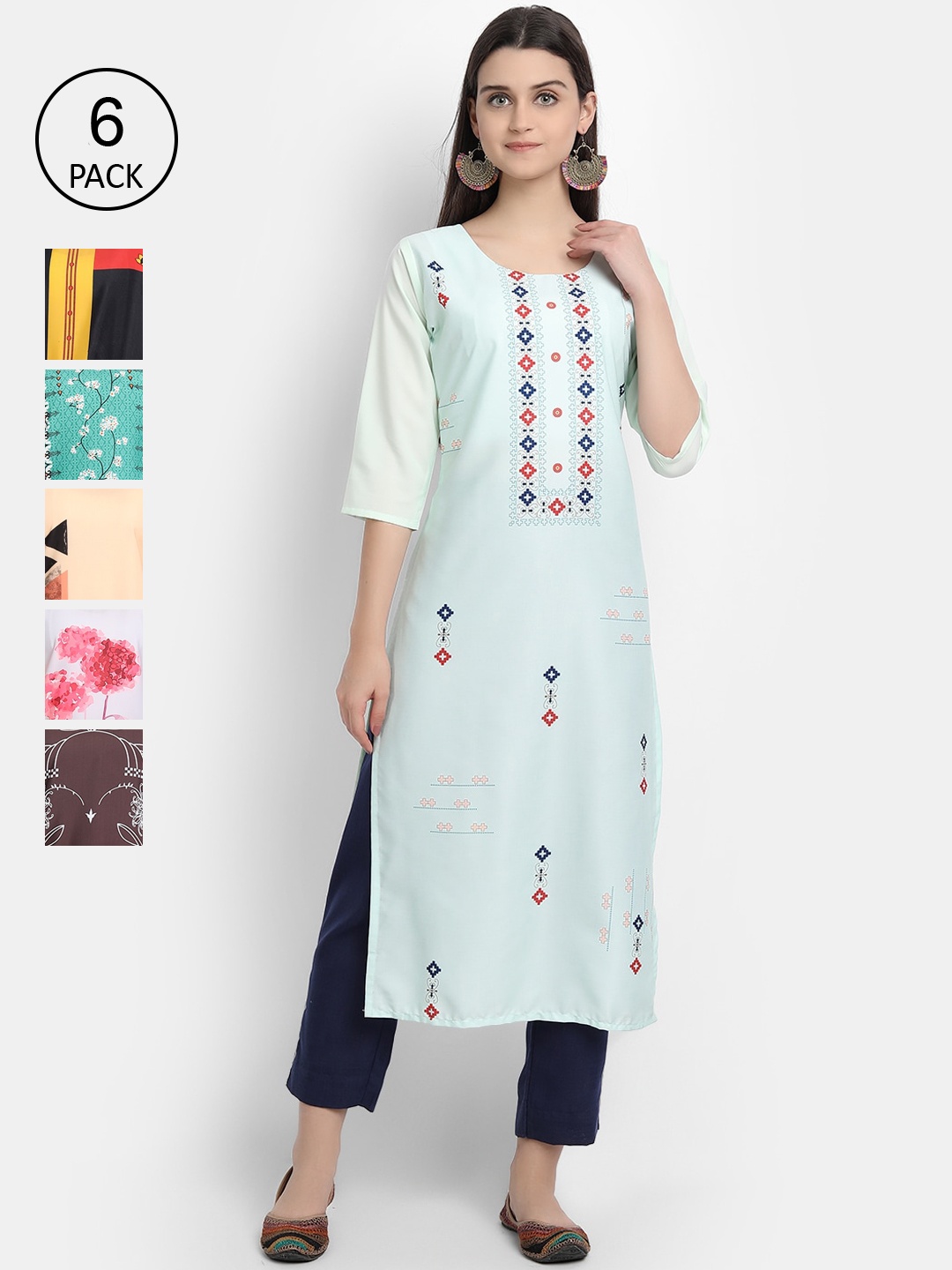 

Ethnic basket Women Pack Of 6 Printed Crepe Kurtas, Multi