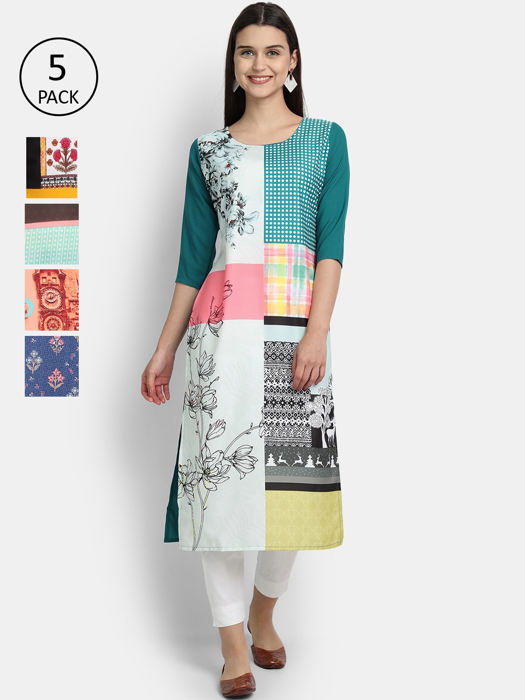 

Ethnic basket Women Pack Of 5 Printed Crepe Kurta, Green