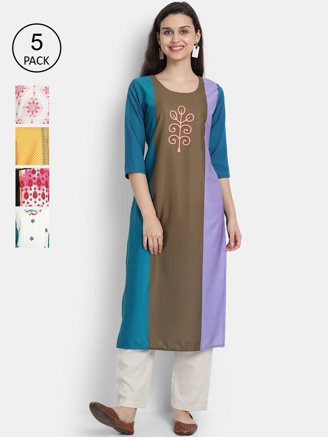 

Ethnic basket Women Pack of 5 Ethnic Motifs Printed Crepe Kurta, Pink