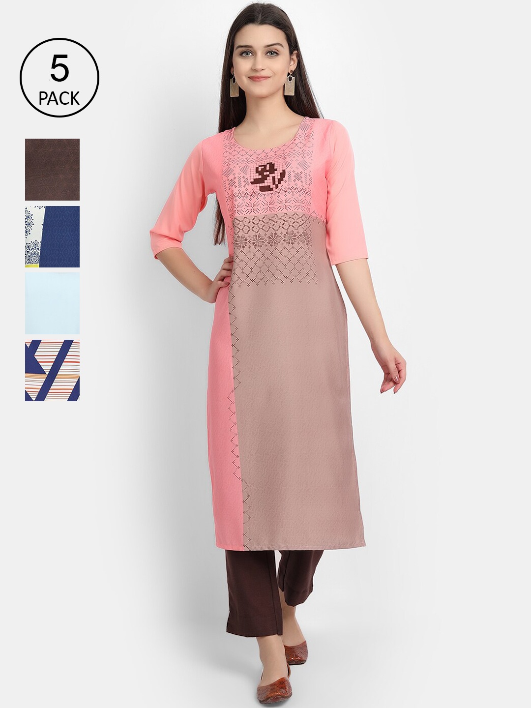 

Ethnic basket Women Pack Of 5 Printed Crepe Kurta, Pink