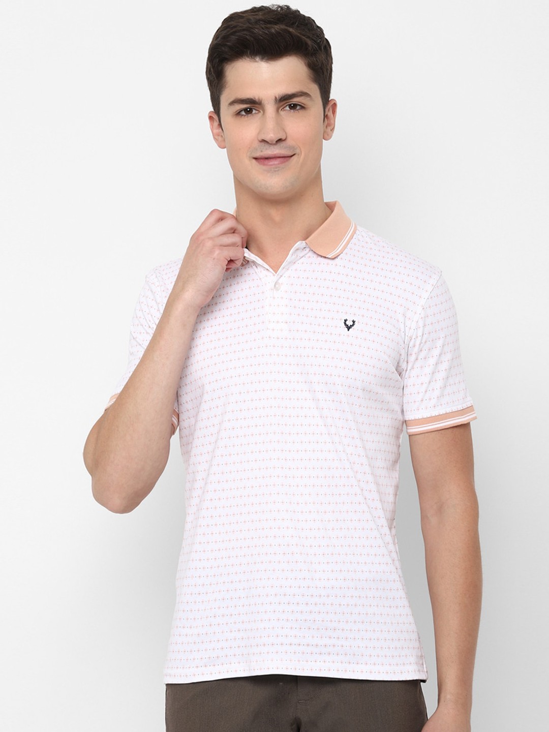 

Allen Solly Men White Pink Floral Printed Polo Collar Pure Cotton T-shirt