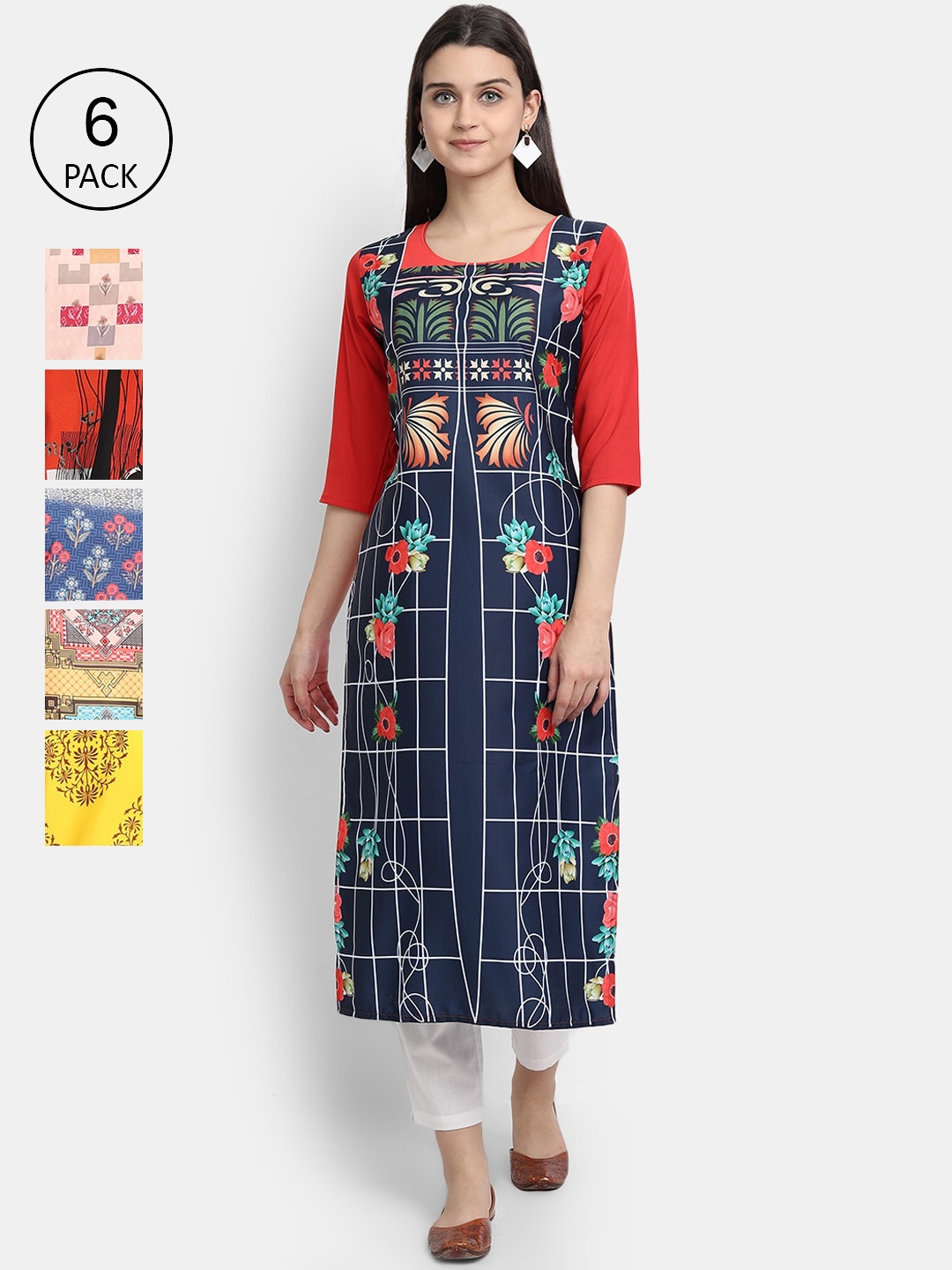 

Ethnic basket Women Pack of 6 Geometric Printed Crepe Kurta, Multi