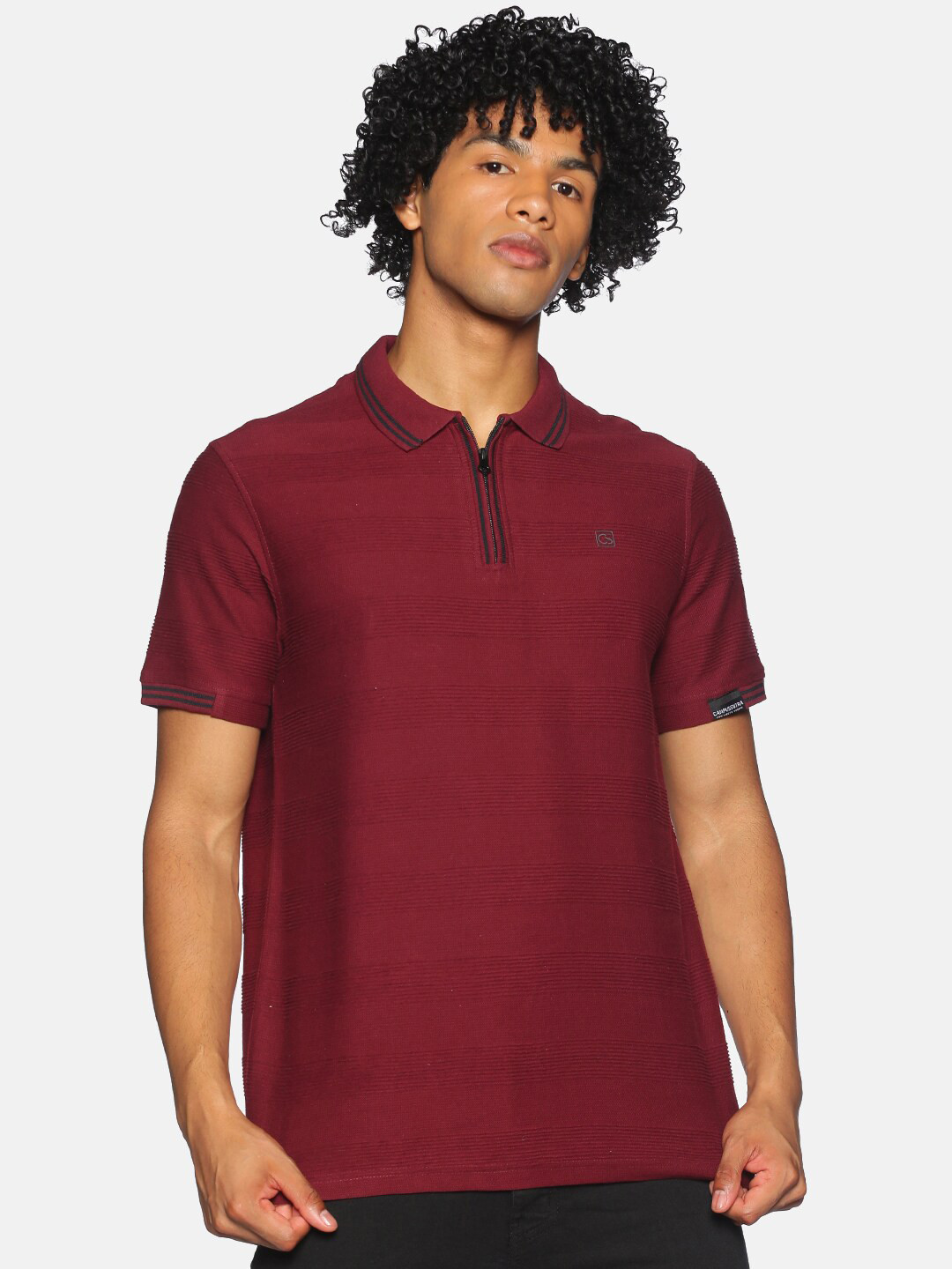 

Campus Sutra Men Maroon Self Striped Cotton Polo Collar T-shirt