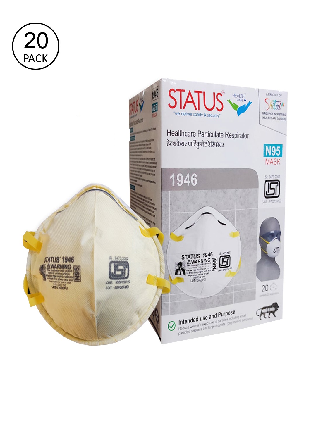 

Status Unisex Pack Of 20 Yellow Printed 5-Ply Reusable N95 Cup Face Masks