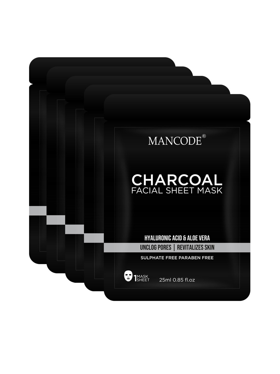

MANCODE Men Activated Charcoal Pack of 5 Facial Sheet Mask 25ml, Black