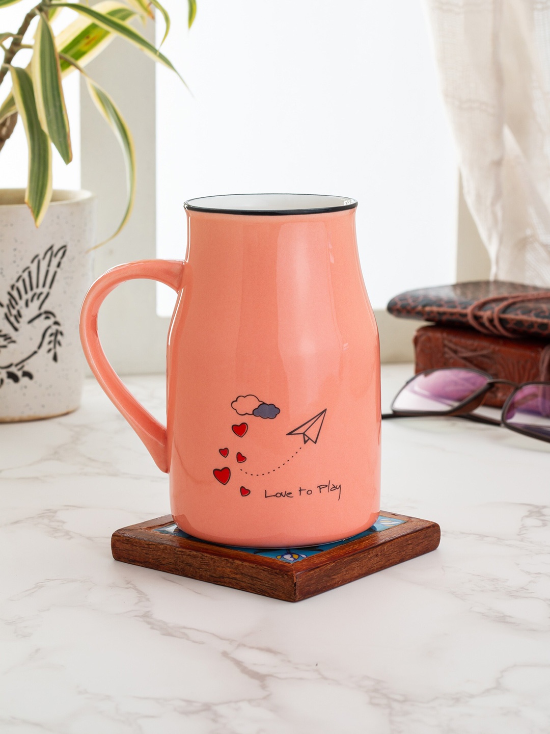 JCPL Fine Ceramic Peach-Coloured & Black Printed Single Mug