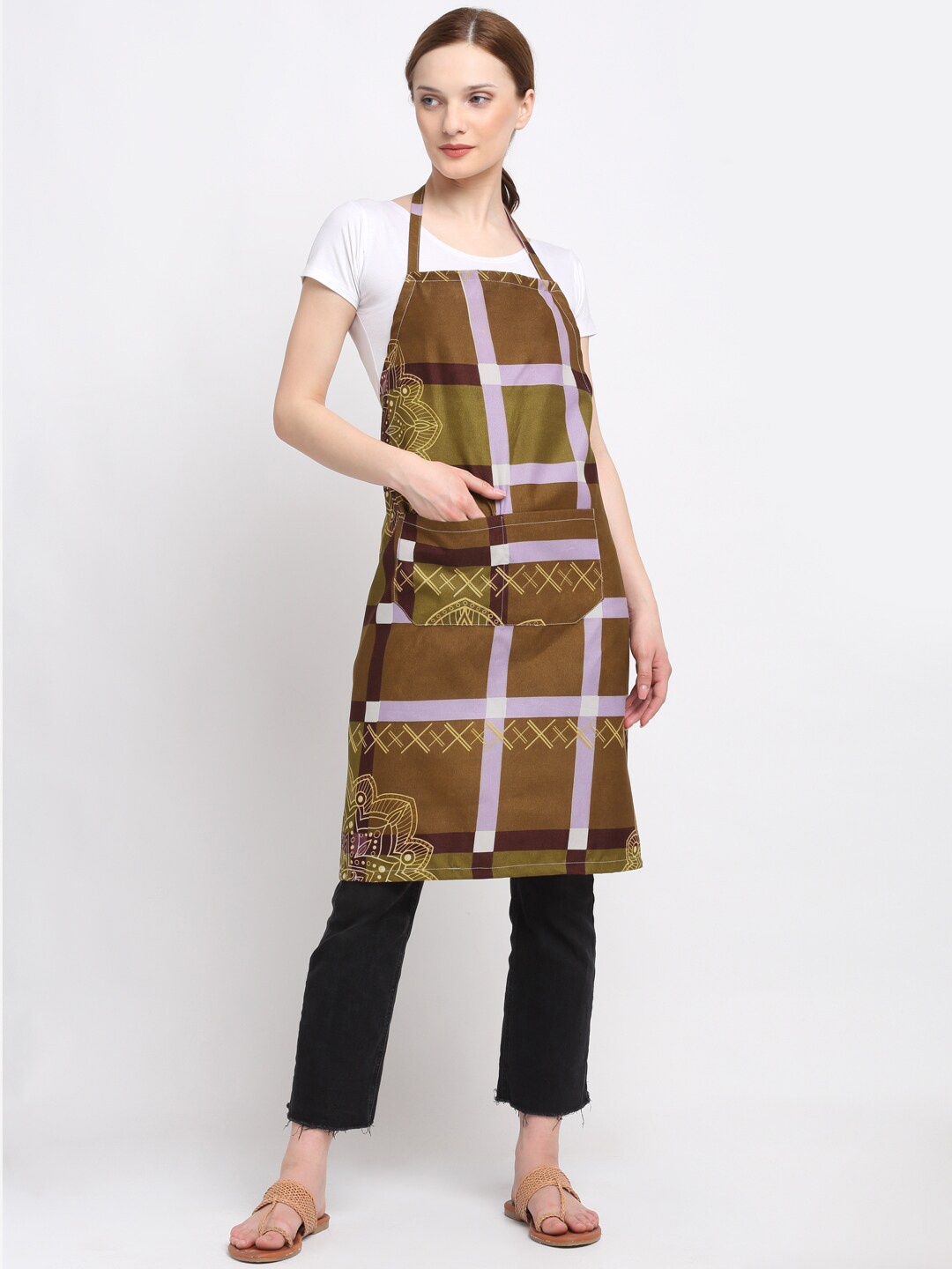 

KLOTTHE Unisex Olive-Green & Brown Checked 210 TC Apron