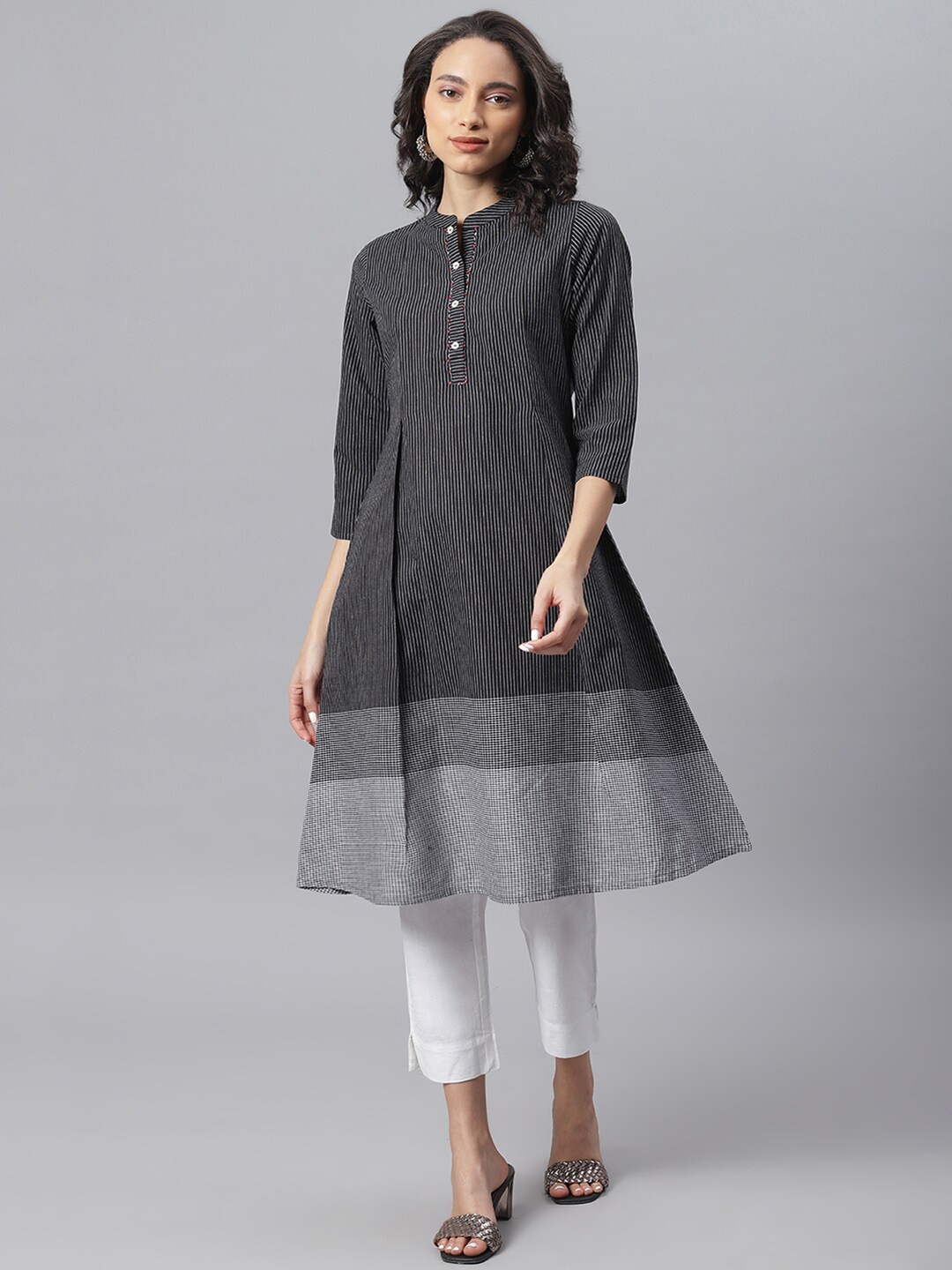Janasya Women Black & White Striped Cotton Kurta
