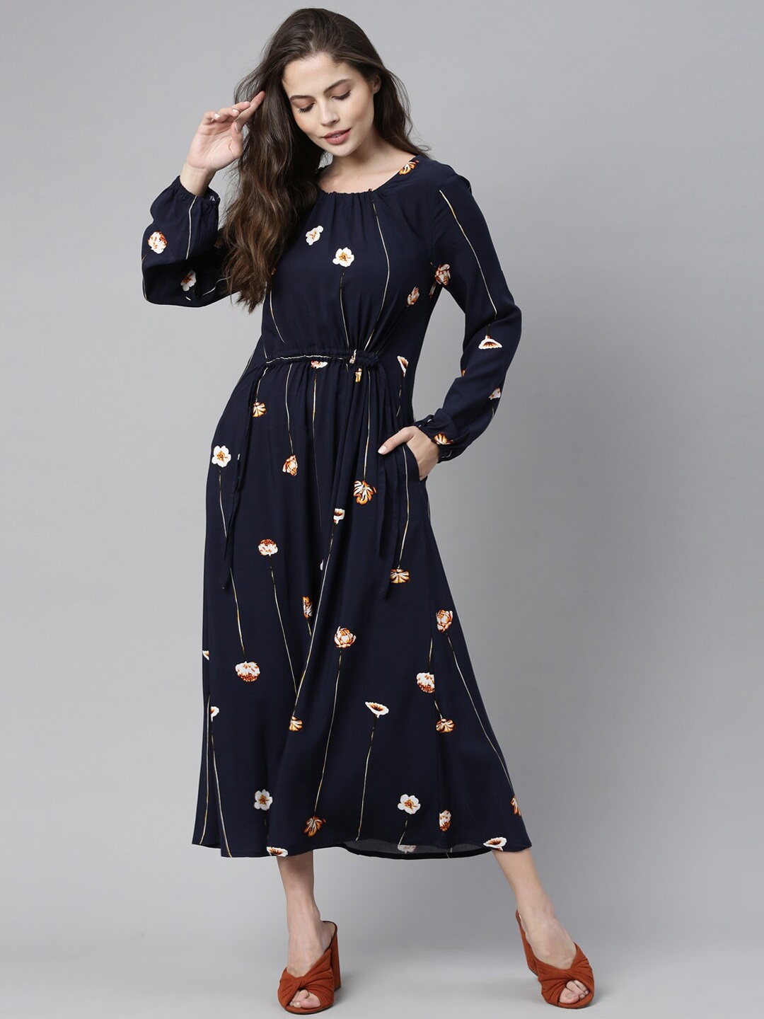 

RAREISM Navy Blue Floral Waist Tie-Up Midi Dress