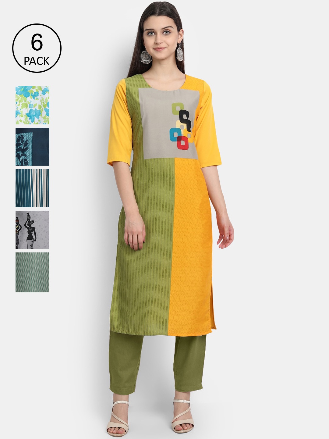 

Ethnic basket Women Pack of 6 Printed Crepe Kurta, Green