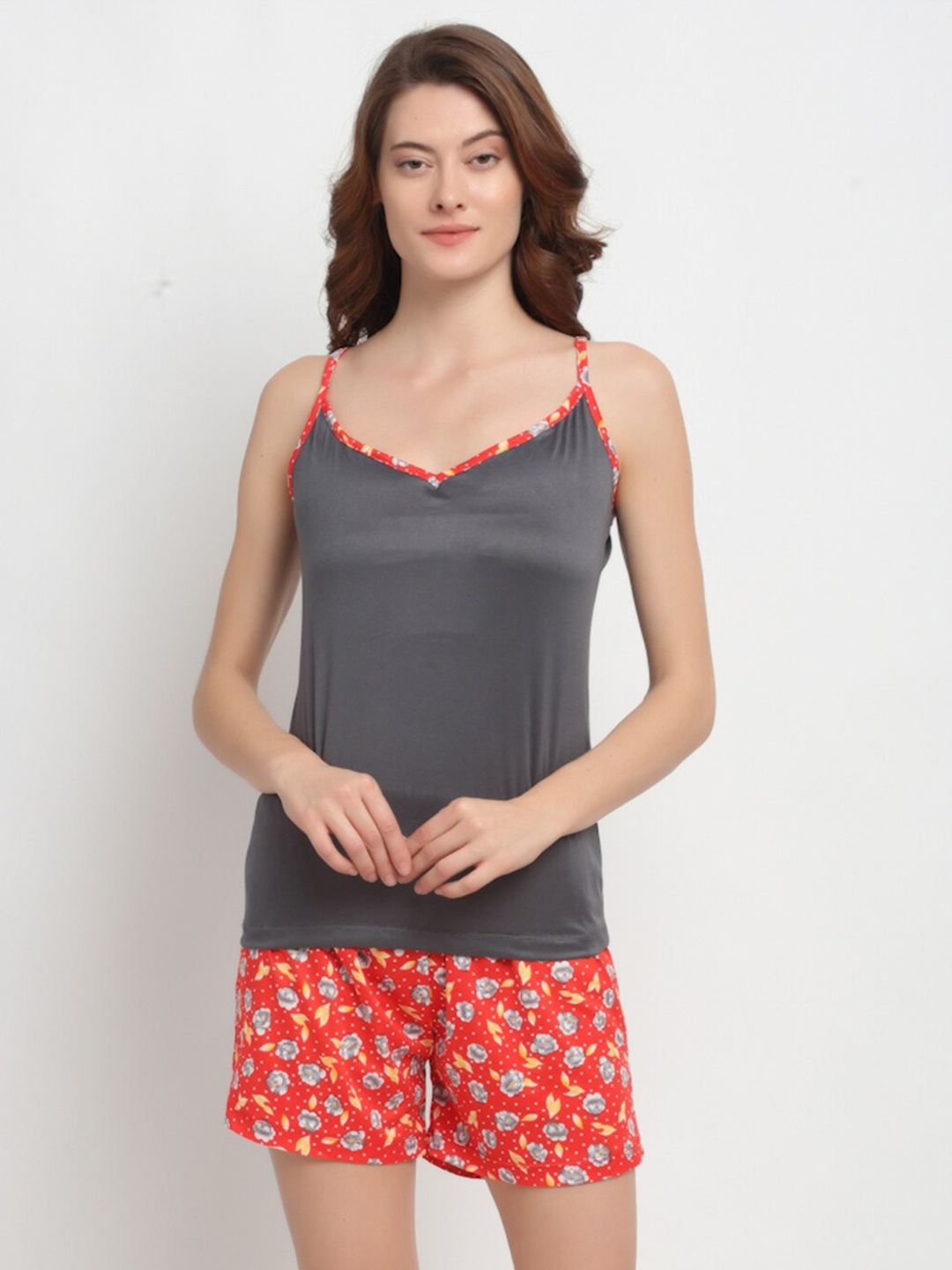 

NEUDIS Women Grey & Red Solid Night suit