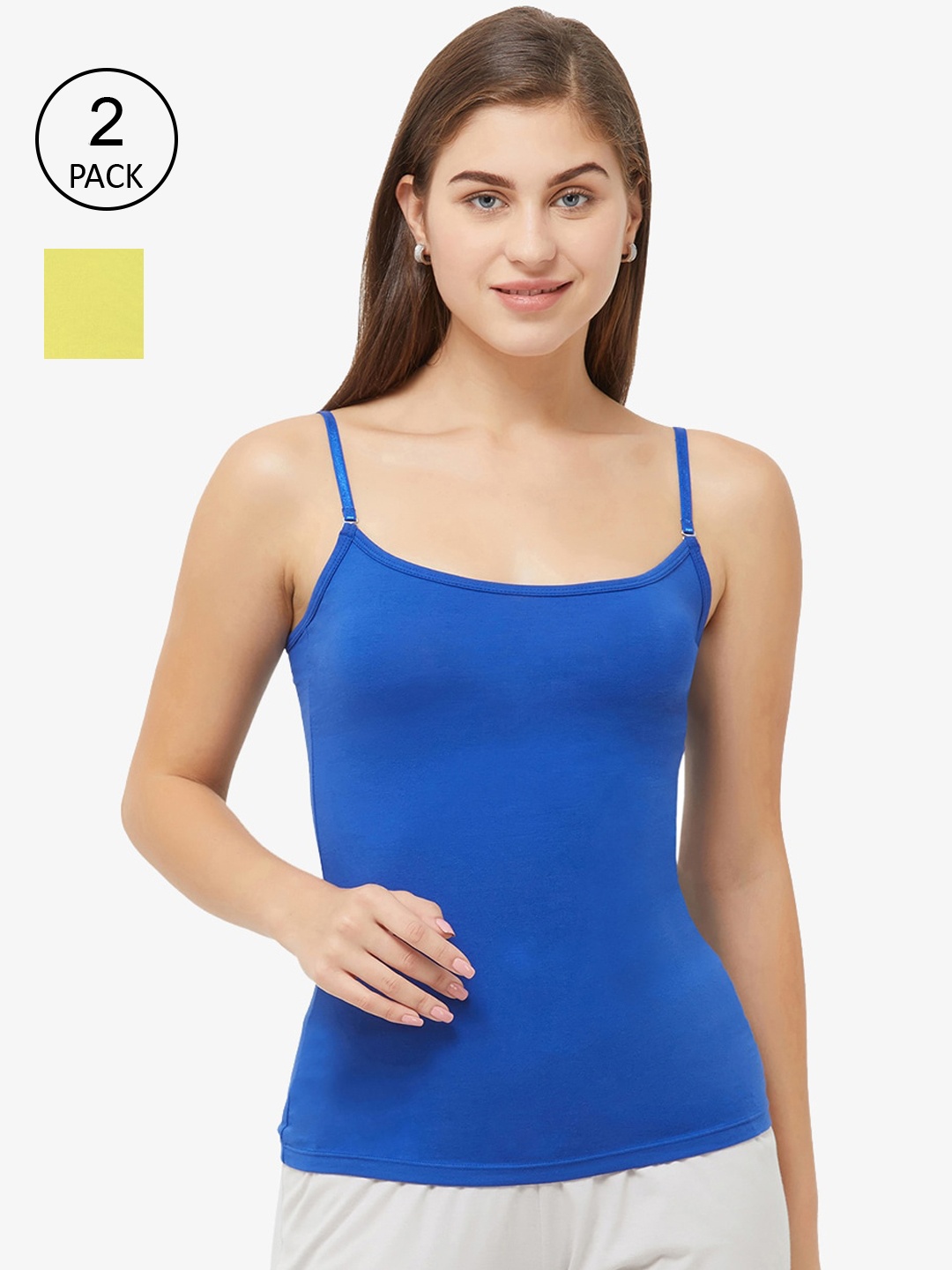 

Soie Women Pack of 2 Yellow & Blue Solid Camisoles
