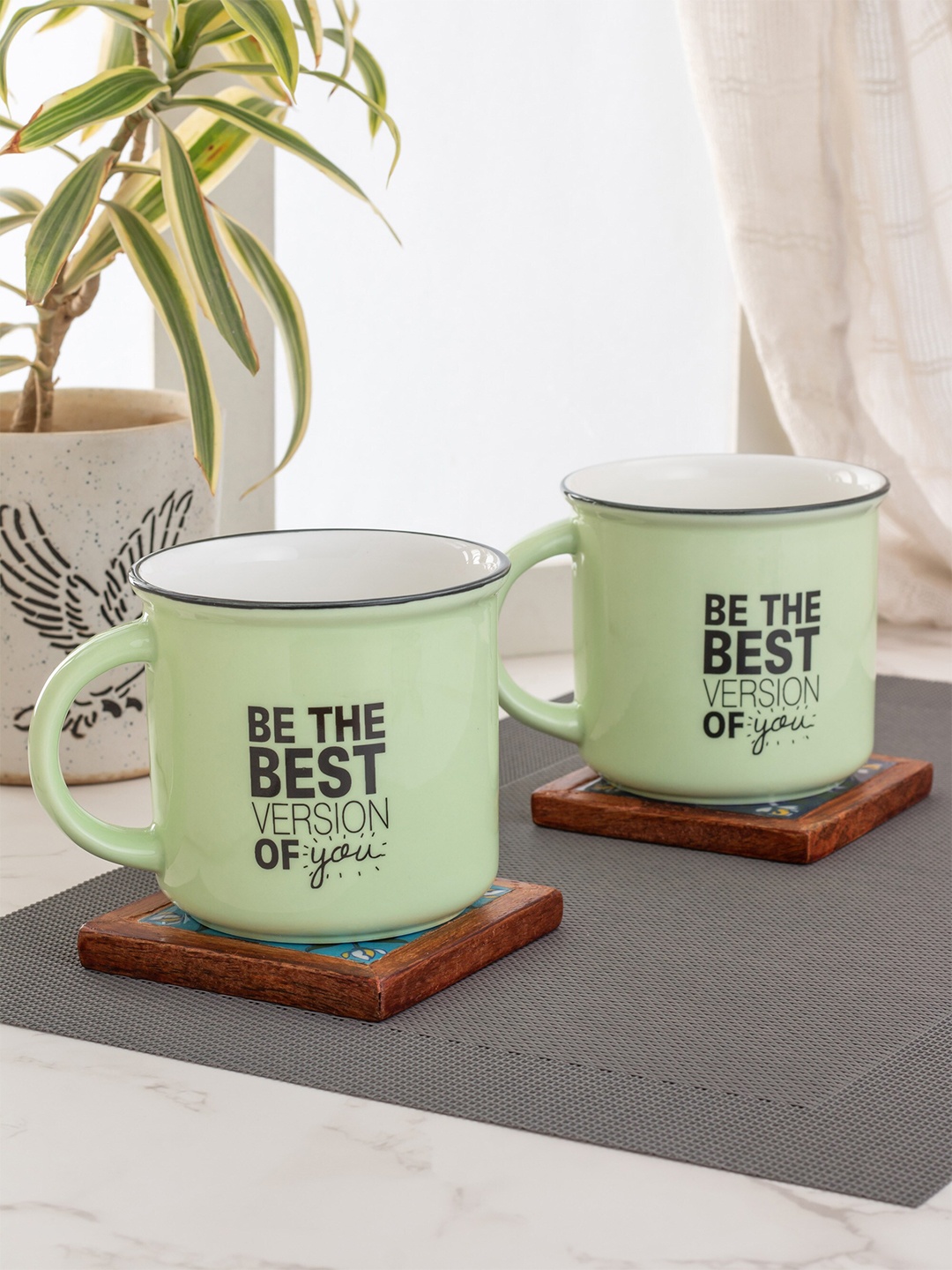 

JCPL Green Printed Set of 2 Ceramic Mugs