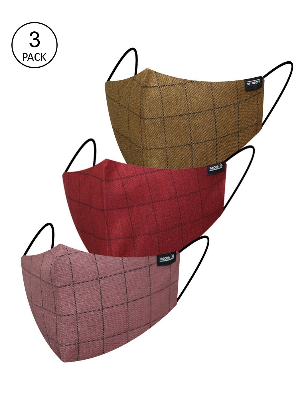 

inocenCia Women Pack of 3 Checked 2-Ply Reusable Outdoor Cloth Masks, Brown