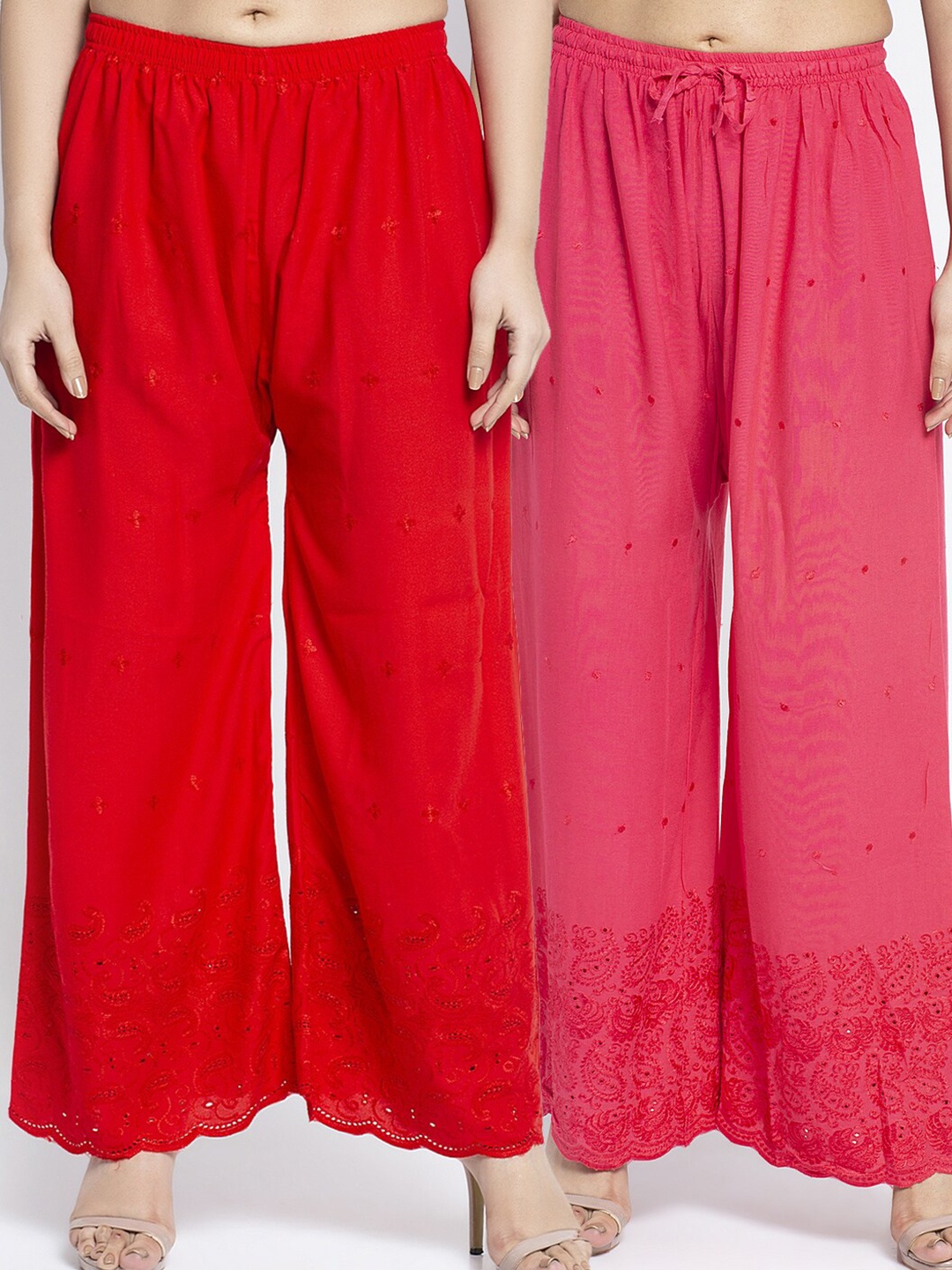 

GRACIT Women Pack Of 2 Embroidered Wide Leg Palazzos, Red