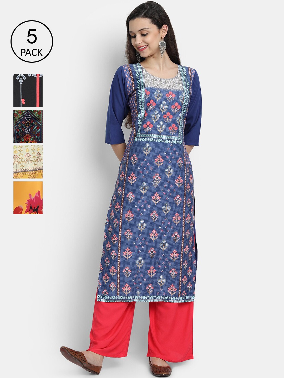 

Ethnic basket Women Pack Of 5 Ethnic Motifs Printed Crepe Kurta, Multi