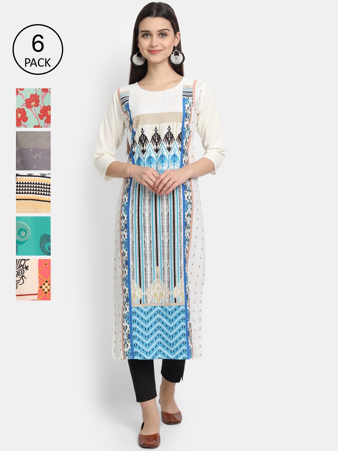 

Ethnic basket Women Set of 6 Multicoloured Ethnic Motifs Printed Crepe Kurta, Multi