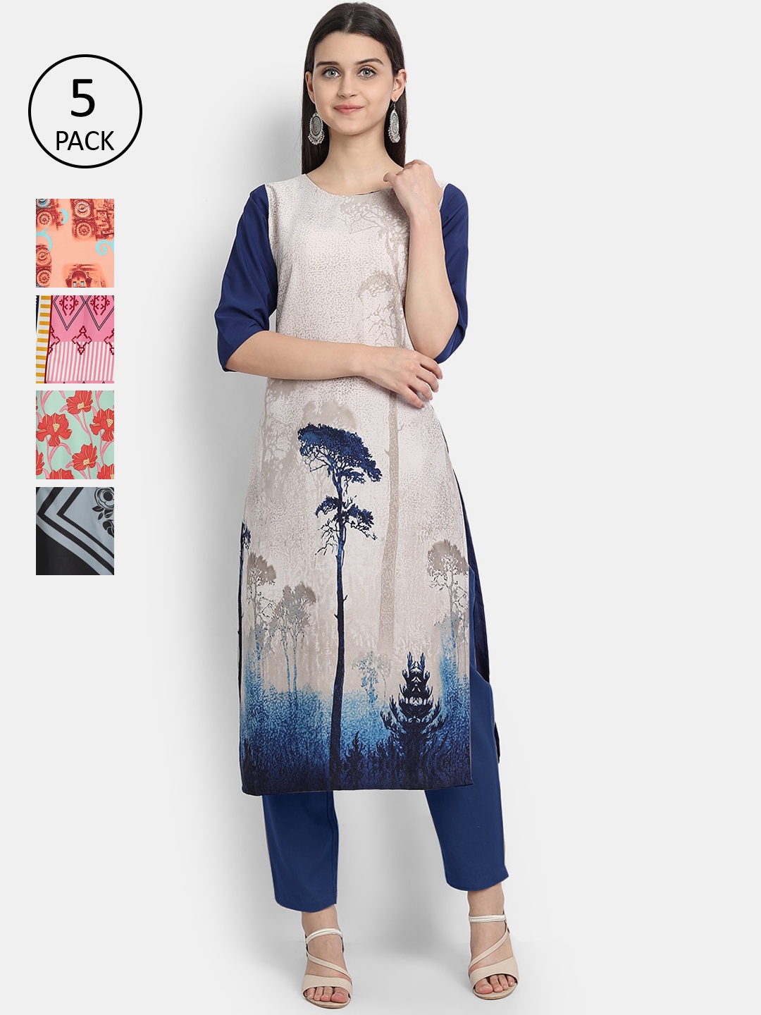 

Ethnic basket Women Pack Of 5 Geometric Printed Crepe Kurtas, Multi