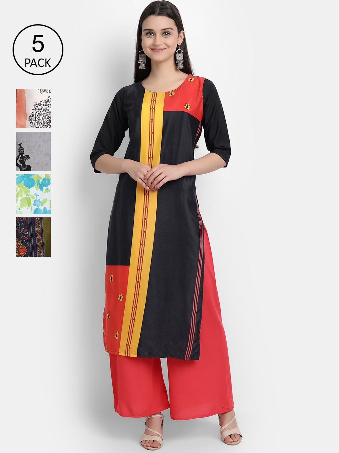 

Ethnic basket Women Pack Of 5 Printed Crepe Kurta, Red