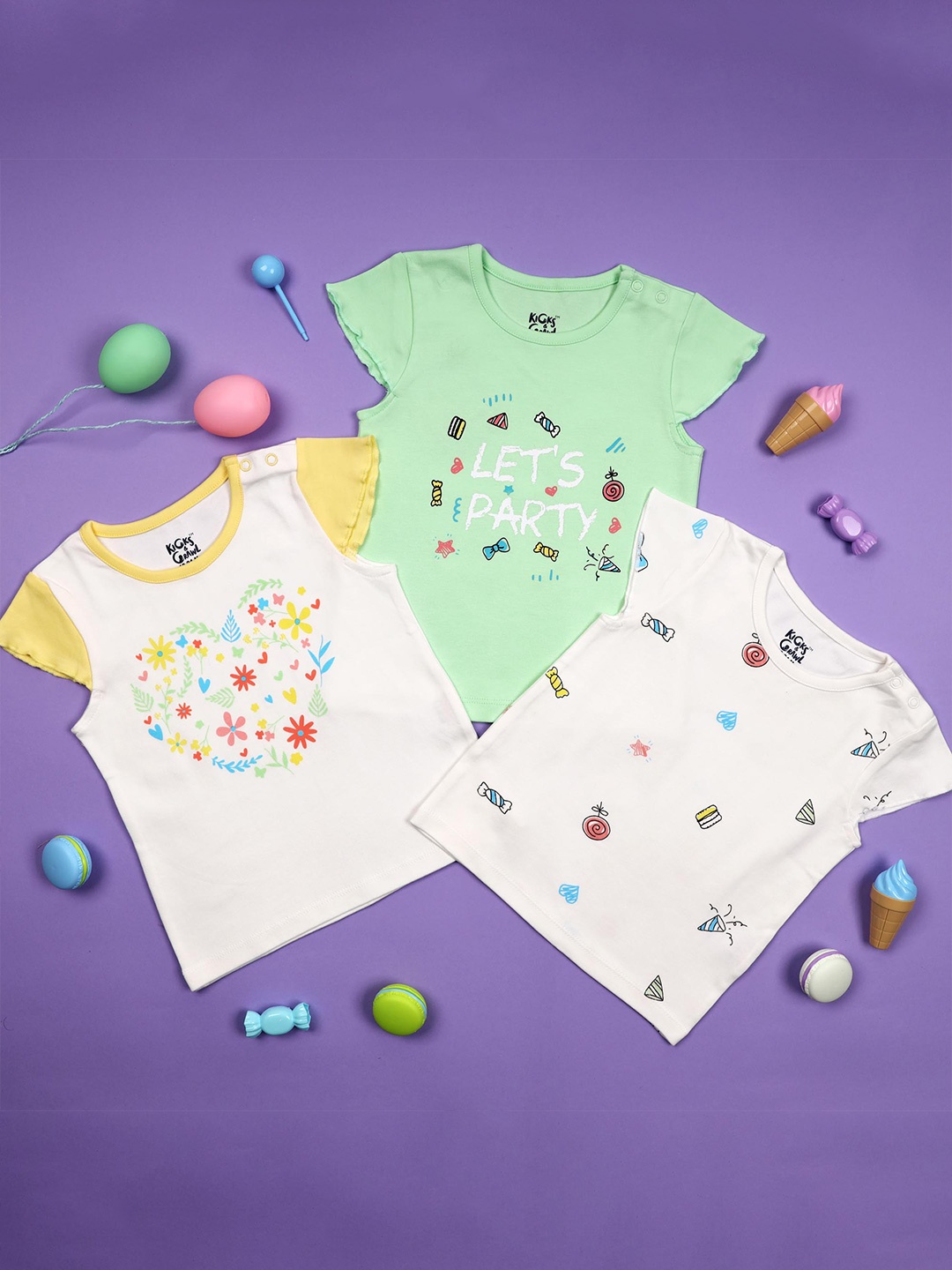 

KICKS & CRAWL Girls Pack of 3 Printed T-shirt, White