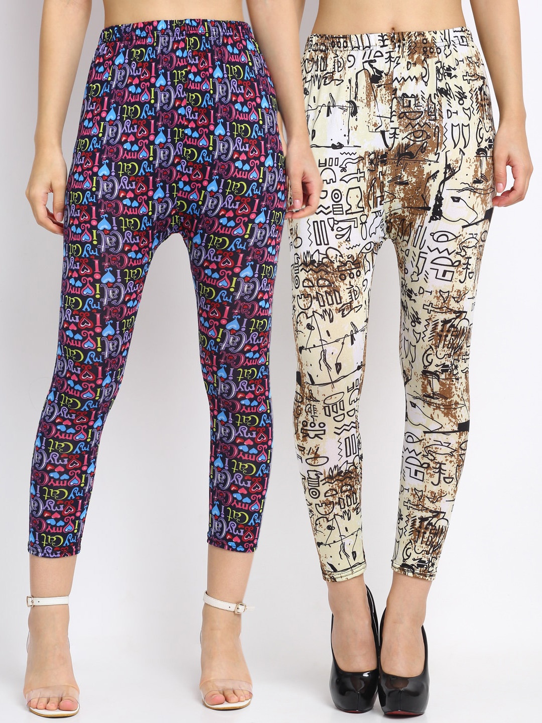 

NEUDIS Women Pack Of 2 Printed Skinny-Fit Ankle-Length Leggings, Black