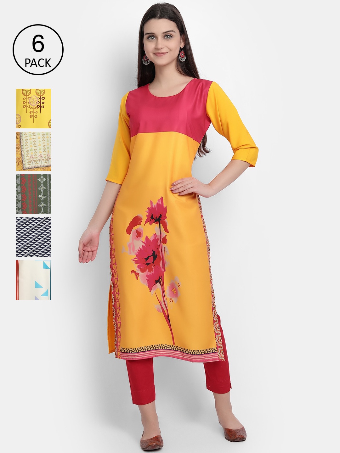 

Ethnic basket Women Pack Of 6 Floral Printed Crepe Kurta, Multi