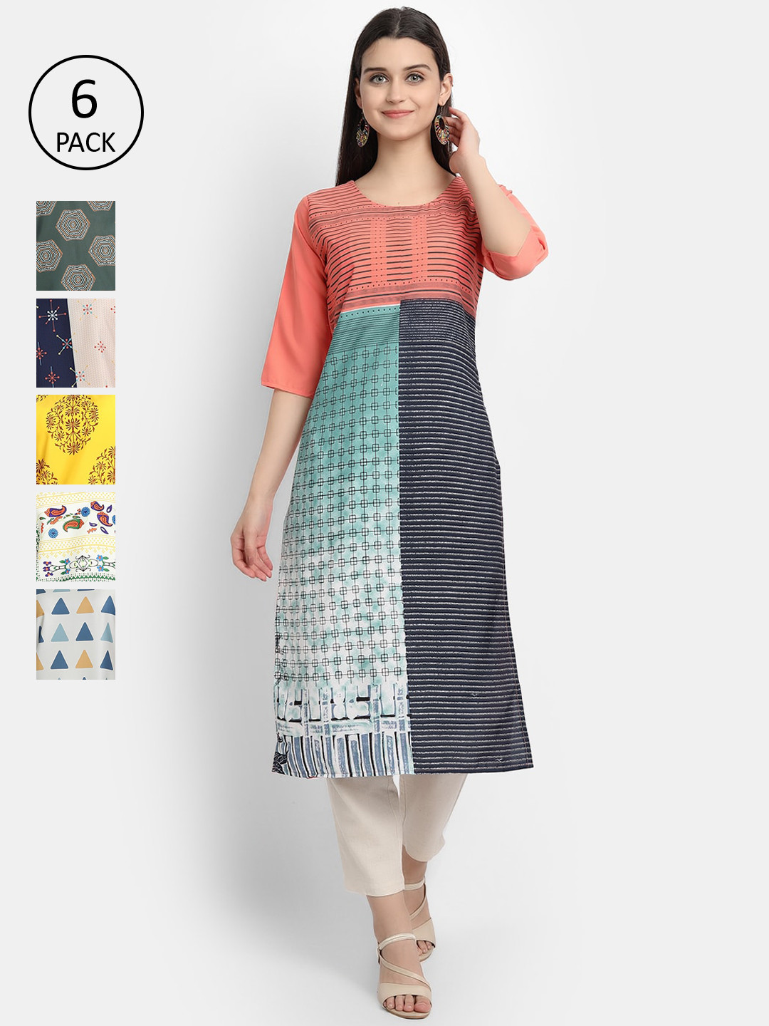 

Ethnic basket Pack of 6 Women Multicoloured Ethnic Motifs Printed Crepe Kurta, Multi
