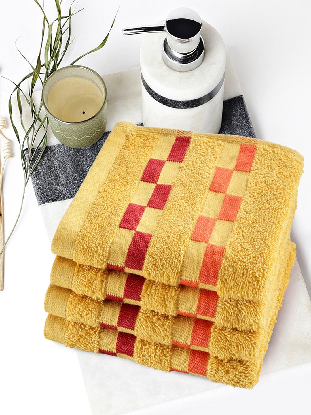 

BIANCA Set of 4 Striped Pure Cotton 450 GSM Face Towels, Gold