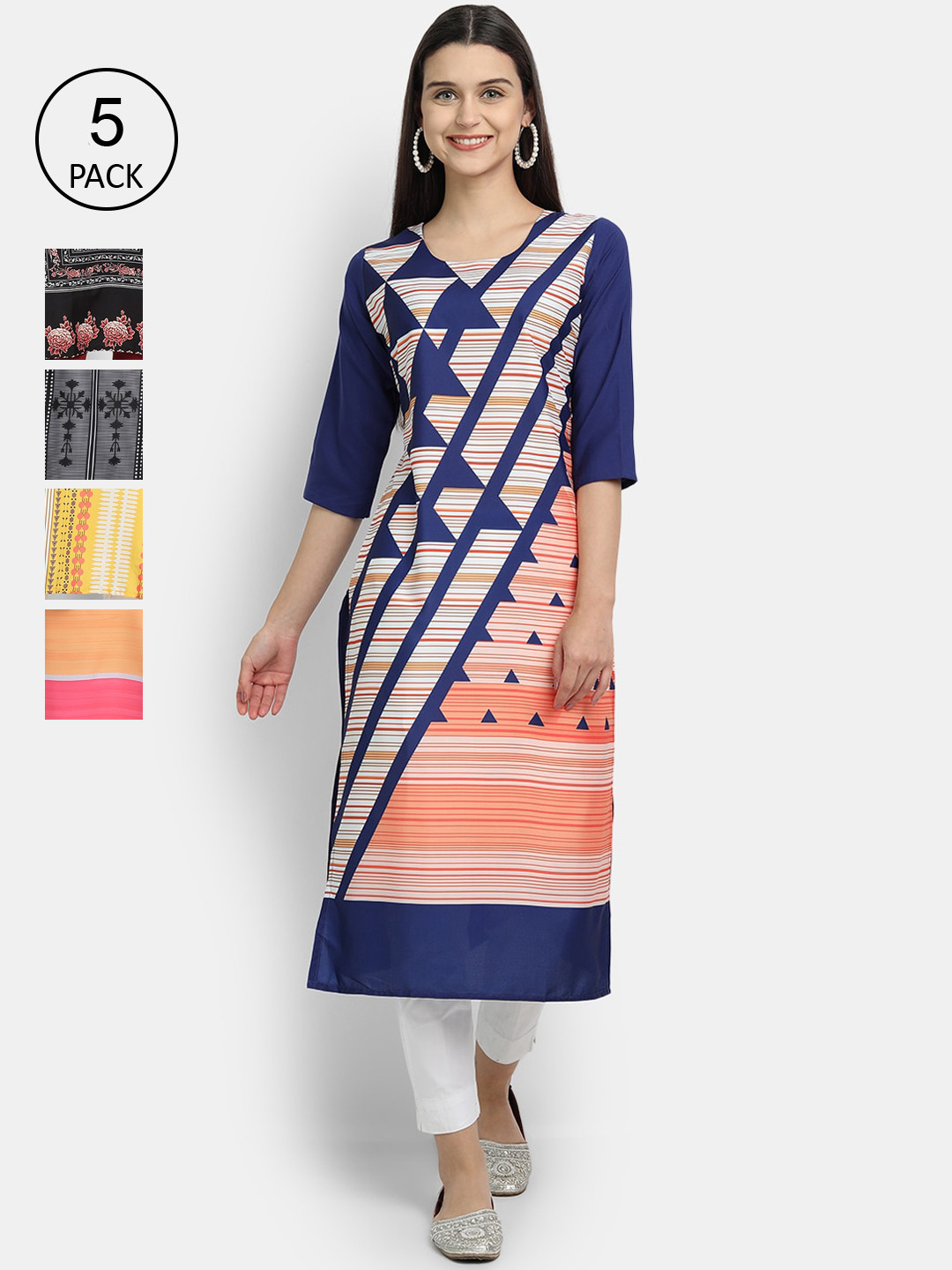 

Ethnic basket Women Pack Of 5 Printed Crepe Kurta, Blue