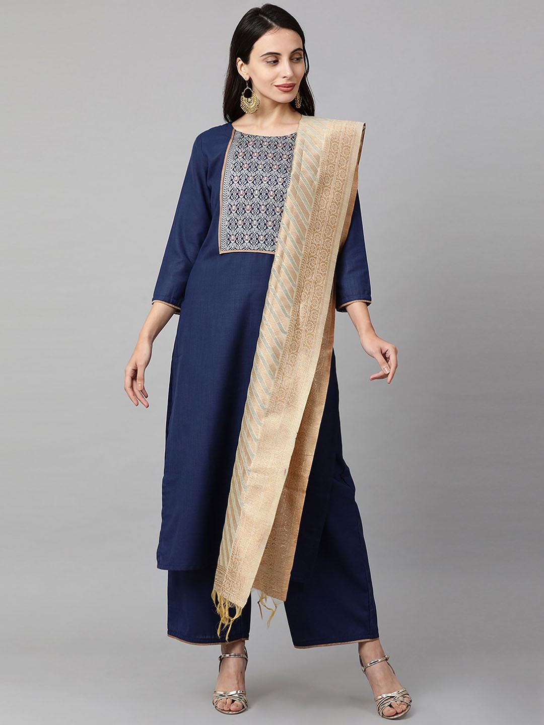

Indo Era Women Navy Blue Ethnic Motifs Yoke Design Regular Straight Pure Cotton Kurta