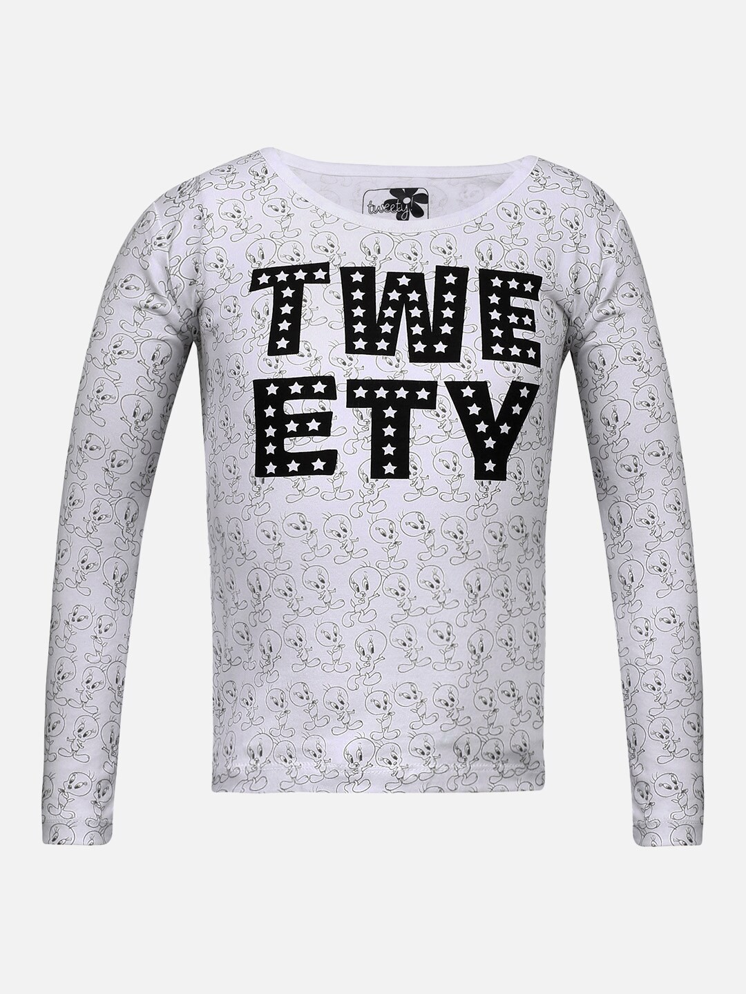 Kids Ville Girls White & Black Tweety Printed Round Neck Cotton T-shirt