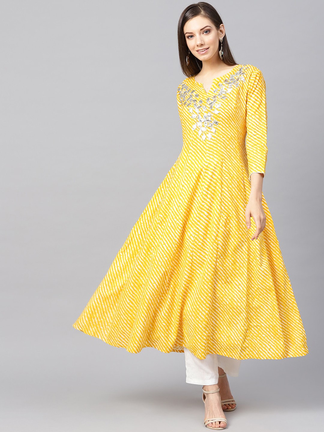 

Yufta Women Yellow & White Striped Anarkali Kurta