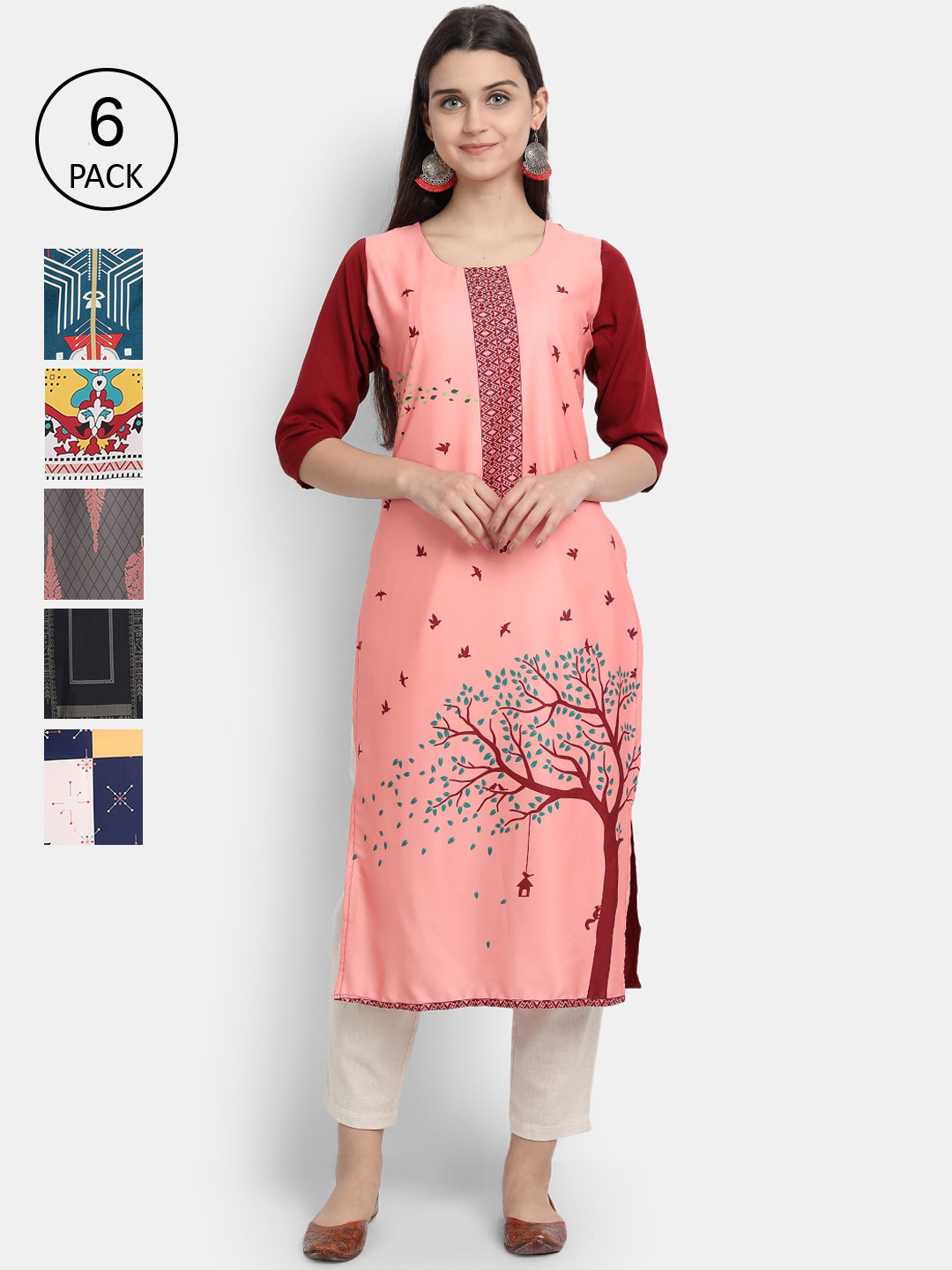 

Ethnic basket Women Set of 6 Multicoloured Ethnic Motifs Printed Crepe Kurta, Multi