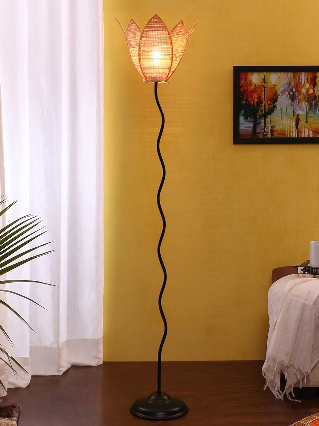 

Devansh Beige & Black Self Design Traditional Torchiere Lamp with Shade