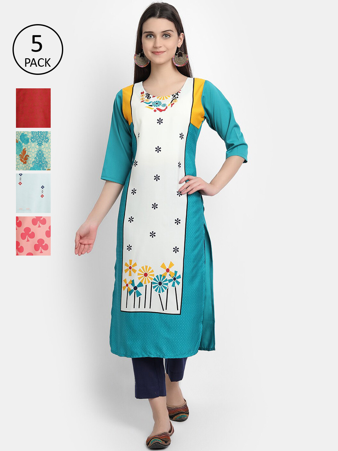 

Ethnic basket Women Pack Of 5 Ethnic Motifs Printed Crepe Kurtas, Multi