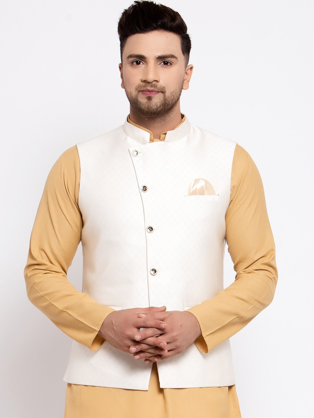 

MAXENCE Men White Woven Design Woven Nehru Jacket