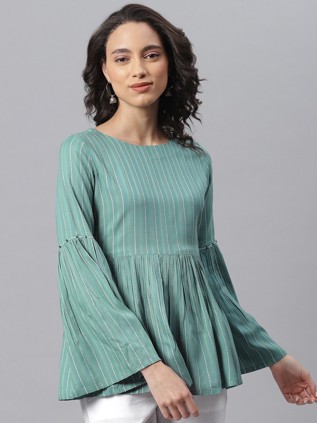 

Janasya Green Striped Peplum Top