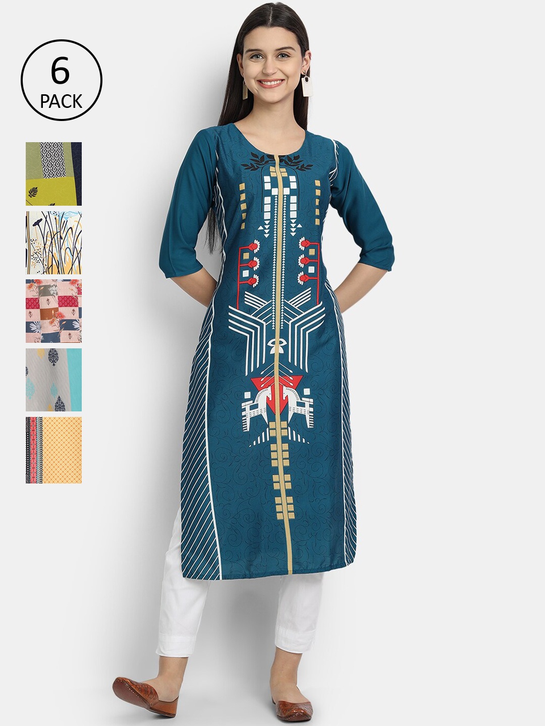 

Ethnic basket Women Pack of 6 Printed Crepe Kurta, Multi