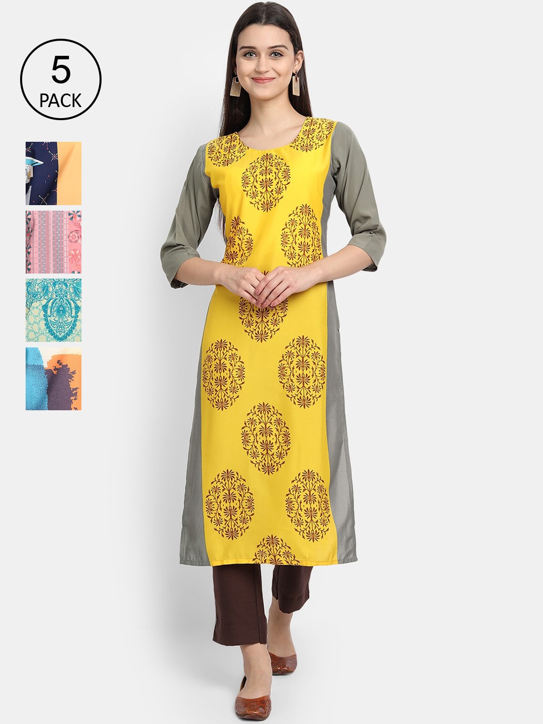 

Ethnic basket Women Pack Of 5 Ethnic Motifs Printed Crepe Kurta, Multi