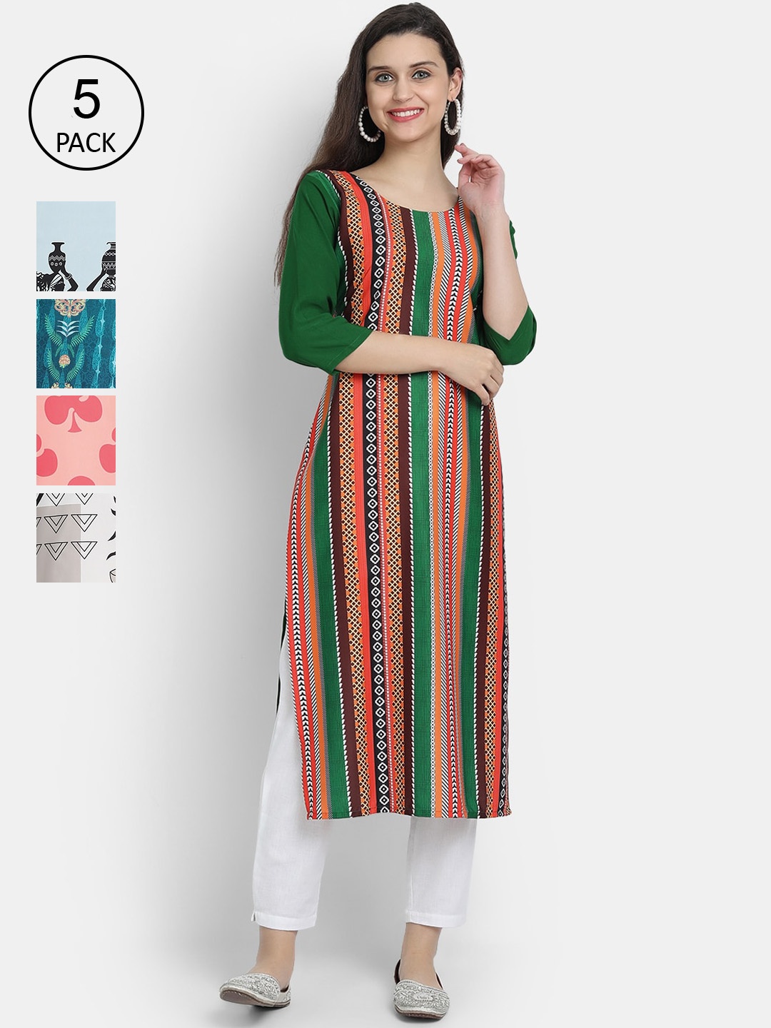 

Ethnic basket Women Multicoloured Striped Flared Sleeves Crepe Kurta, Multi
