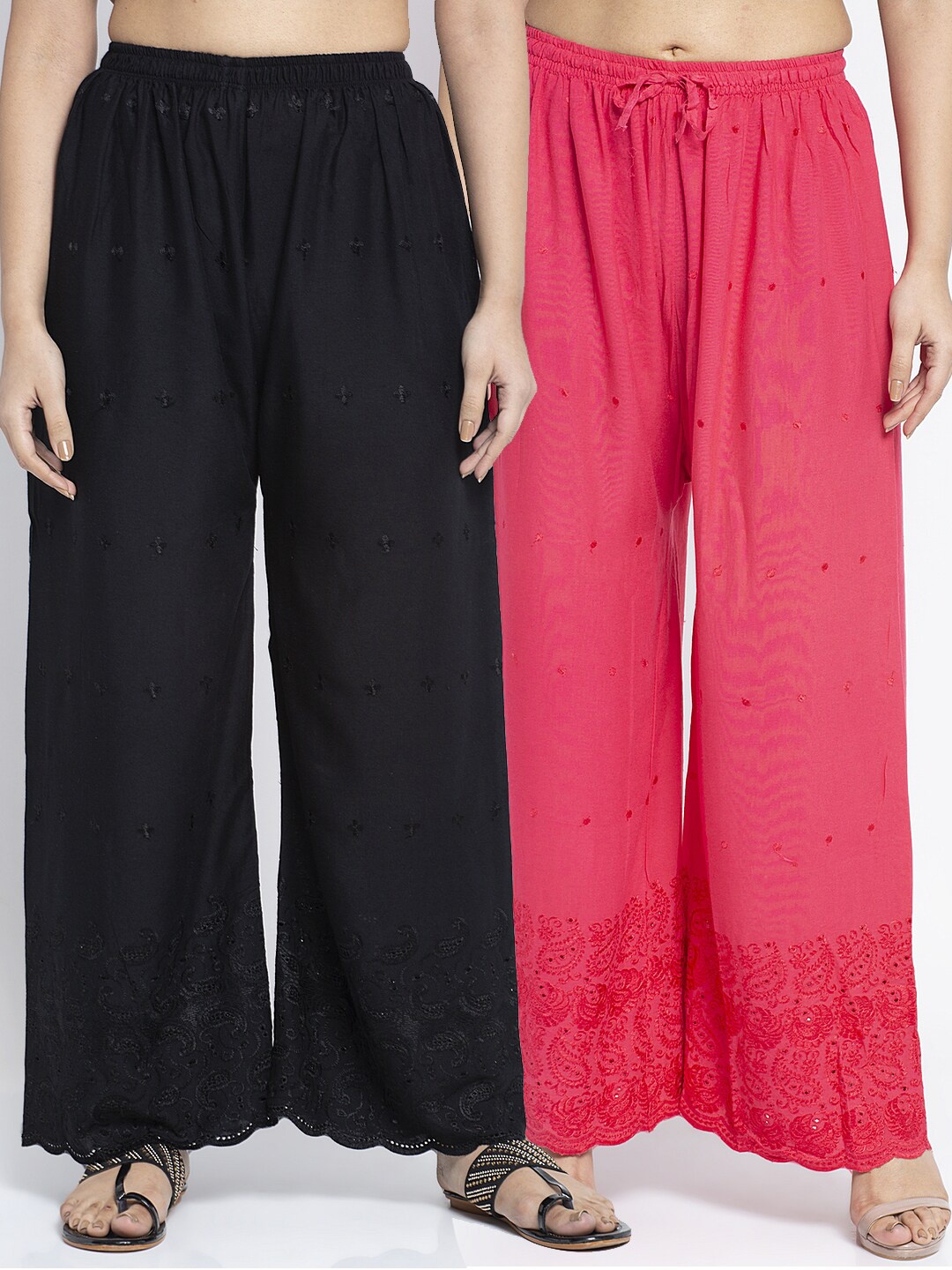 

GRACIT Women Pack of 2 Black & Coral Pink Embroidered Wide Leg Palazzos