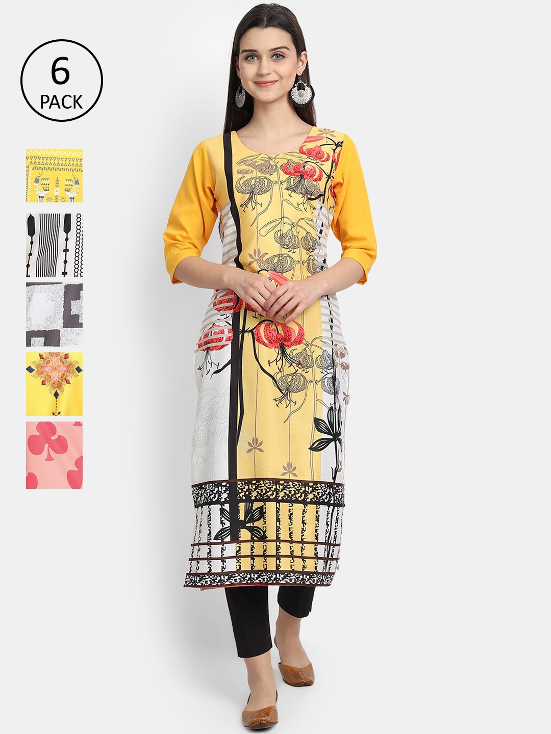 

Ethnic basket Women Set of 6 Multicoloured Floral Printed Crepe Kurta, Multi